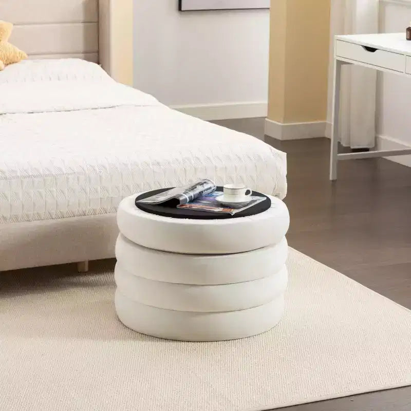 Runder Samt-Hocker mit Stauraum und Holzablage, Elfenbein