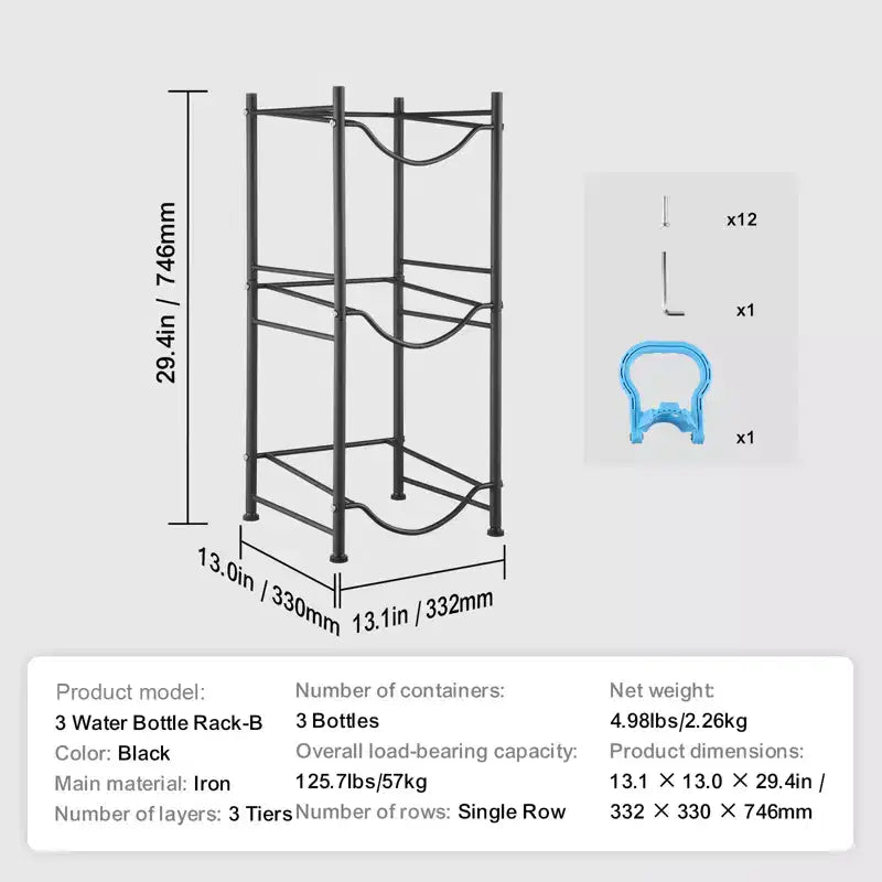 Support à bonbonnes d’eau à 3 niveaux, porte-bouteilles d’eau de 5 gallons, support à une rangée pour 3 bouteilles, robuste
