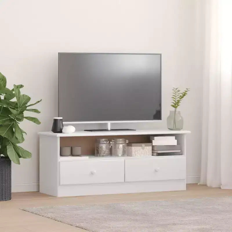 TV-Schrank - TV-Ständer aus massivem Kiefernholz mit Schubladen - Weiß, skandinavischer Stil, viel Stauraum, 39.4x13.8x16.1