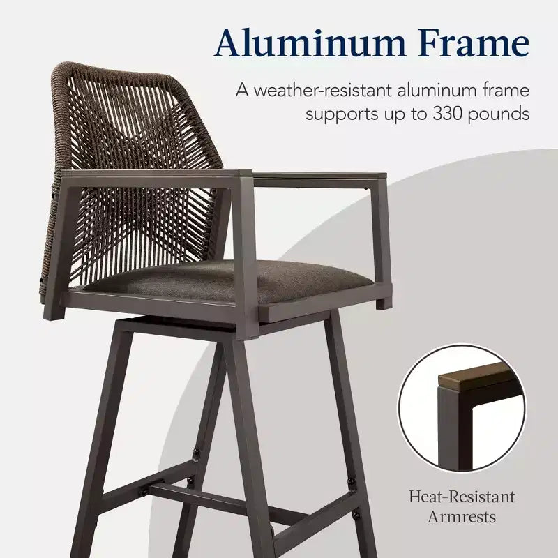 Set aus 2 Barhockern aus Aluminium für den Innen- und Außenbereich, mit geflochtenem Seil, Drehfunktion und Armlehnen