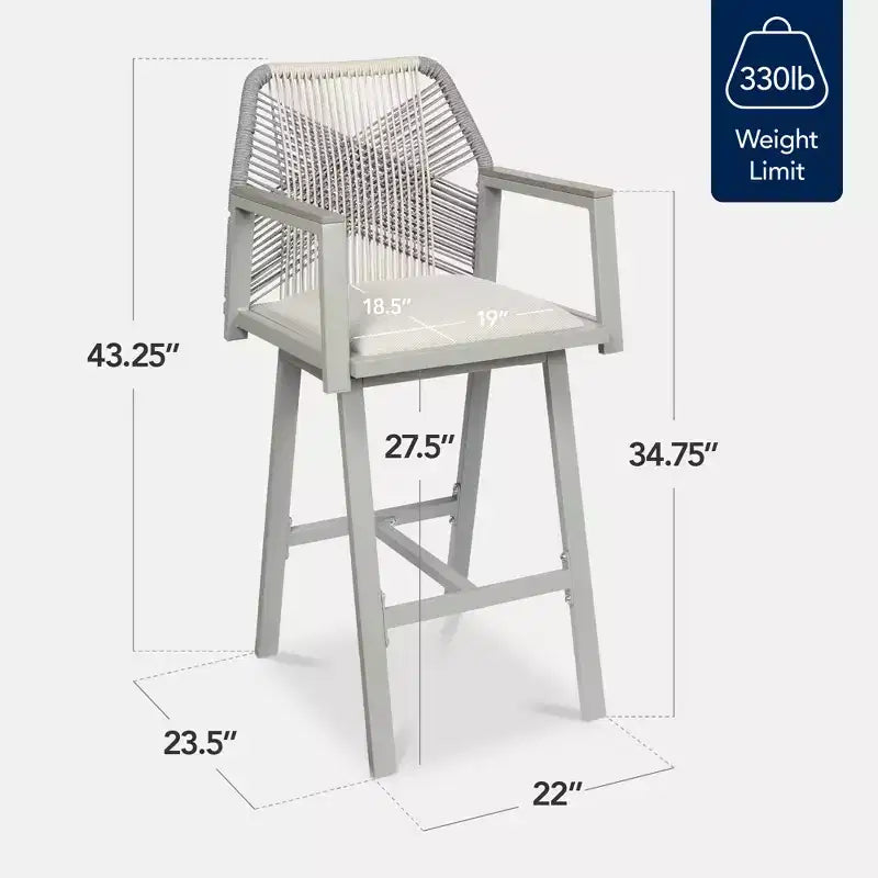 Set aus 2 Barhockern aus Aluminium für den Innen- und Außenbereich, mit geflochtenem Seil, Drehfunktion und Armlehnen