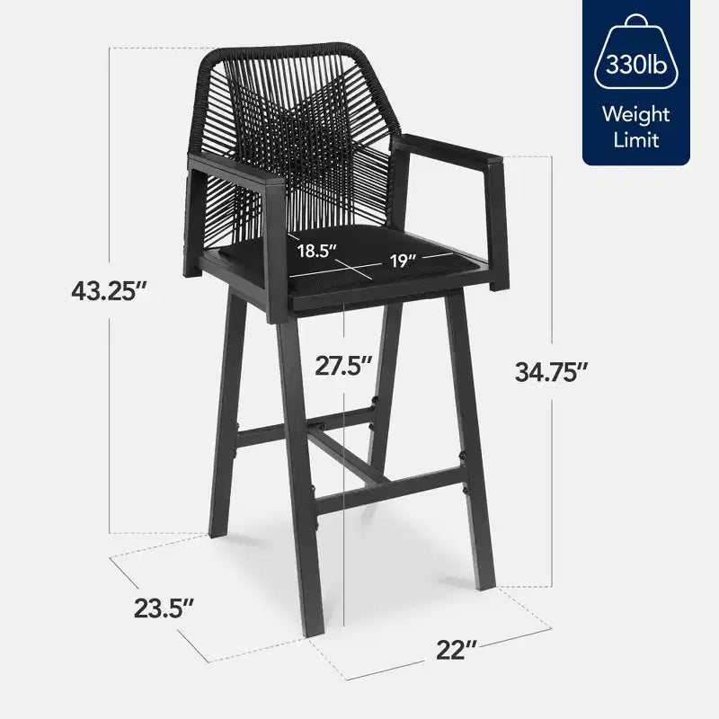 Set aus 2 Barhockern aus Aluminium für den Innen- und Außenbereich, mit geflochtenem Seil, Drehfunktion und Armlehnen