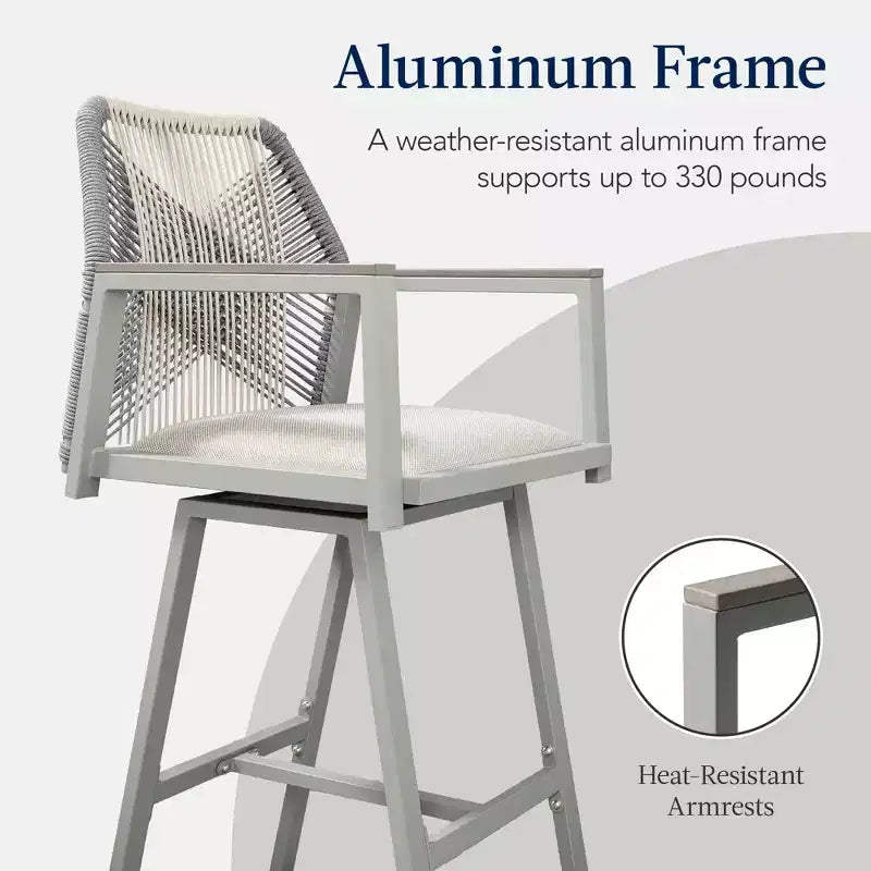 Set aus 2 Barhockern aus Aluminium für den Innen- und Außenbereich, mit geflochtenem Seil, Drehfunktion und Armlehnen