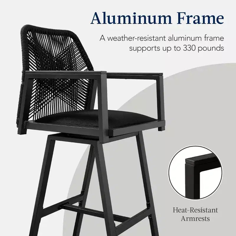 Set aus 2 Barhockern aus Aluminium für den Innen- und Außenbereich, mit geflochtenem Seil, Drehfunktion und Armlehnen