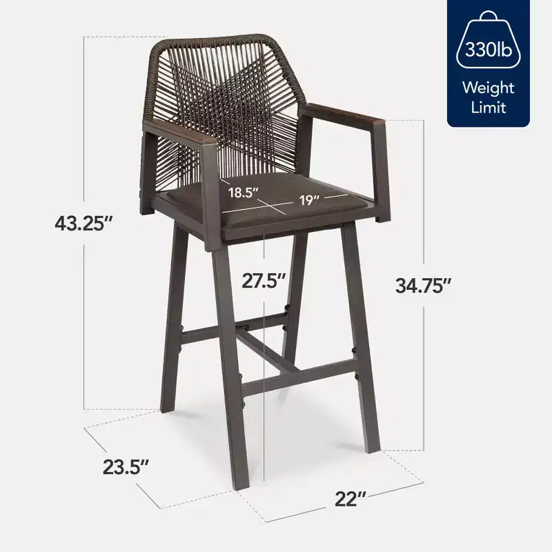 Set aus 2 Barhockern aus Aluminium für den Innen- und Außenbereich, mit geflochtenem Seil, Drehfunktion und Armlehnen