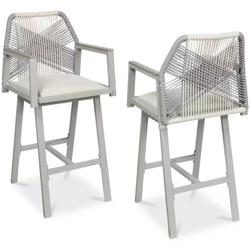 Set aus 2 Barhockern aus Aluminium für den Innen- und Außenbereich, mit geflochtenem Seil, Drehfunktion und Armlehnen