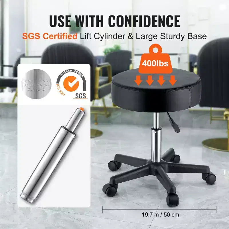 Tabourets roulants avec roulettes, capacité de charge de 400 LBS, hauteur réglable, coussin d’assise extra-épais, tabourets pivotants, noirs