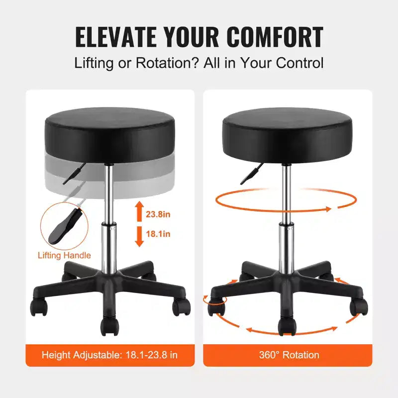 Tabourets roulants avec roulettes, capacité de charge de 400 LBS, hauteur réglable, coussin d’assise extra-épais, tabourets pivotants, noirs