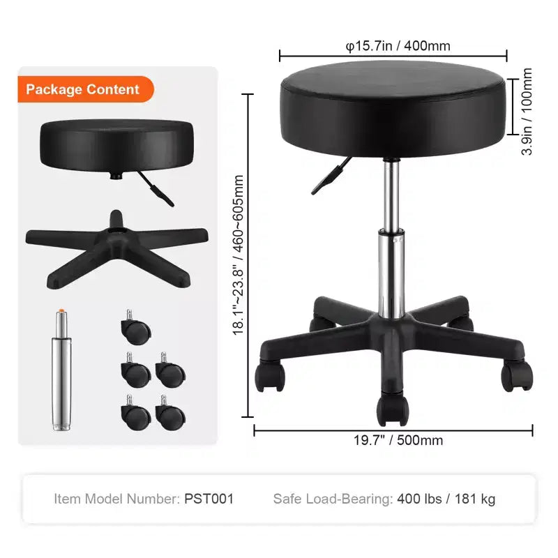 Tabourets roulants avec roulettes, capacité de charge de 400 LBS, hauteur réglable, coussin d’assise extra-épais, tabourets pivotants, noirs