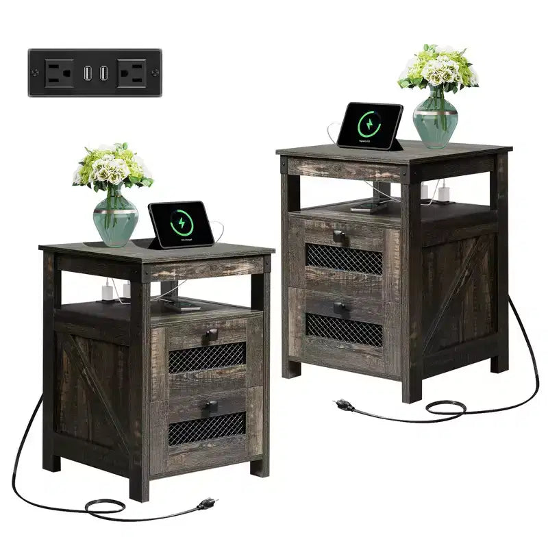 Mesita de noche con estación de carga, mesa auxiliar con 2 cajones para el dormitorio y la sala de estar, estilo rústico, con puertos USB y enchufes, roble rústico oscuro