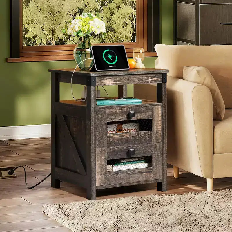 Mesita de noche con estación de carga, mesa auxiliar con 2 cajones para el dormitorio y la sala de estar, estilo rústico, con puertos USB y enchufes, roble rústico oscuro