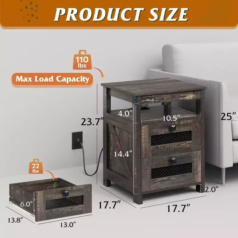 Table de chevet avec station de recharge, table d’appoint à 2 tiroirs pour la chambre et le salon, de style campagnard, avec ports USB et prises, finition chêne rustique foncé