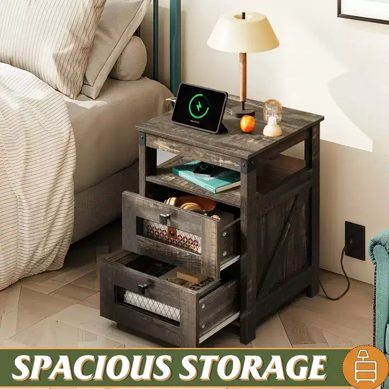 Table de chevet avec station de recharge, table d’appoint à 2 tiroirs pour la chambre et le salon, de style campagnard, avec ports USB et prises, finition chêne rustique foncé