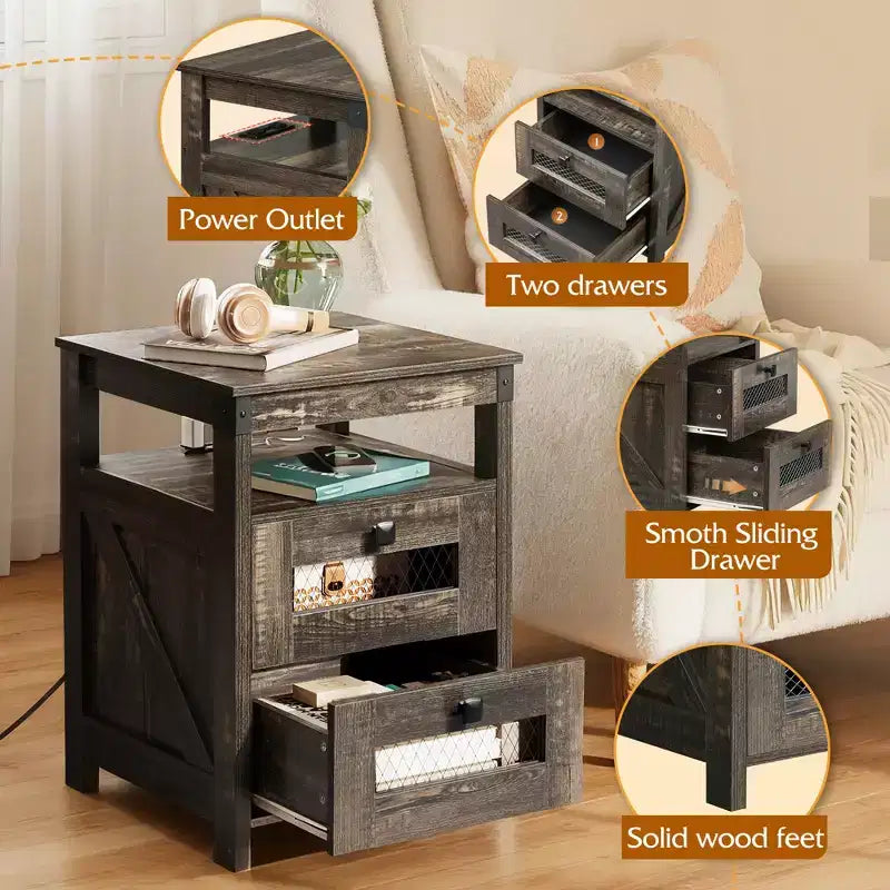 Table de chevet avec station de recharge, table d’appoint à 2 tiroirs pour la chambre et le salon, de style campagnard, avec ports USB et prises, finition chêne rustique foncé