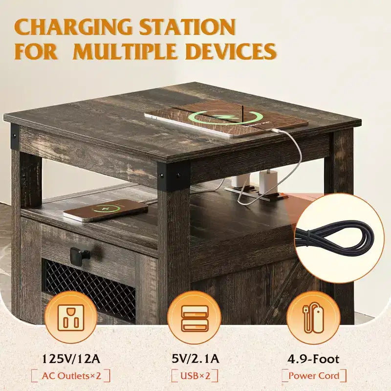 Table de chevet avec station de recharge, table d’appoint à 2 tiroirs pour la chambre et le salon, de style campagnard, avec ports USB et prises, finition chêne rustique foncé