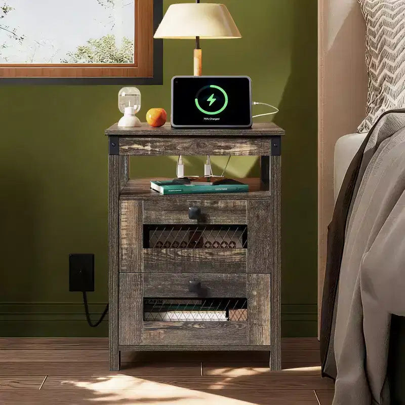 Mesita de noche con estación de carga, mesa auxiliar con 2 cajones para el dormitorio y la sala de estar, estilo rústico, con puertos USB y enchufes, roble rústico oscuro