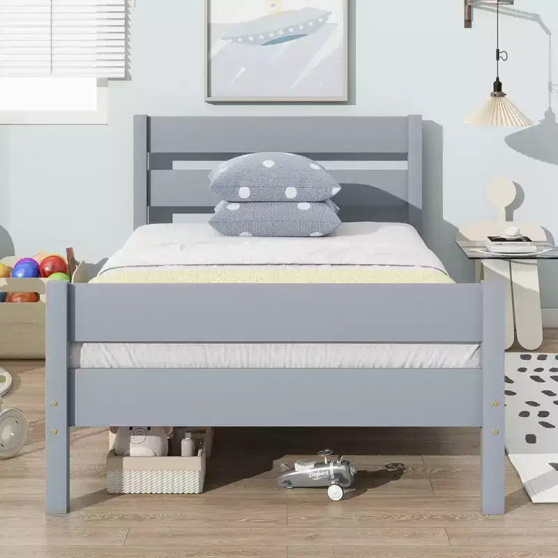 Cama con almacenamiento tamaño Twin y cabecero - Estructura de madera maciza de caucho, diseño que ahorra espacio y almacenamiento bajo la cama