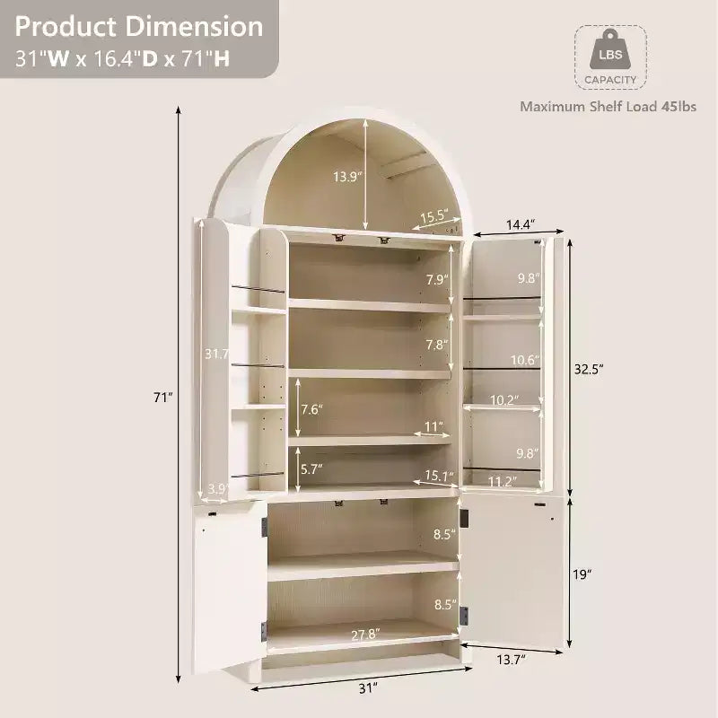 Garde-manger de cuisine haut de 71 à sommet arqué, armoire de rangement moderne avec 3 étagères réglables et 6 étagères de porte, pour la cuisine ou le salon