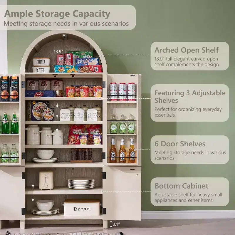 Garde-manger de cuisine haut de 71 à sommet arqué, armoire de rangement moderne avec 3 étagères réglables et 6 étagères de porte, pour la cuisine ou le salon