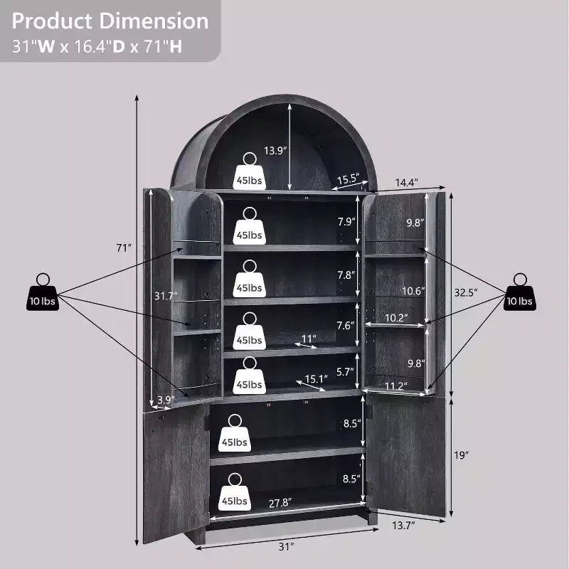 Garde-manger de cuisine haut de 71 à sommet arqué, armoire de rangement moderne avec 3 étagères réglables et 6 étagères de porte, pour la cuisine ou le salon