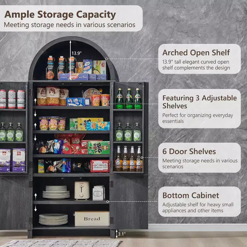 Garde-manger de cuisine haut de 71 à sommet arqué, armoire de rangement moderne avec 3 étagères réglables et 6 étagères de porte, pour la cuisine ou le salon