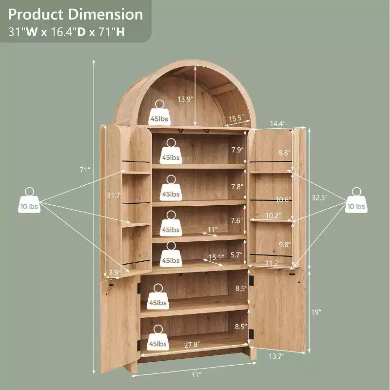 Garde-manger de cuisine haut de 71 à sommet arqué, armoire de rangement moderne avec 3 étagères réglables et 6 étagères de porte, pour la cuisine ou le salon