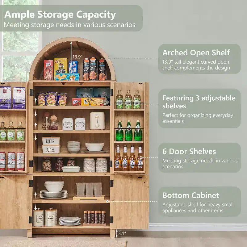 Garde-manger de cuisine haut de 71 à sommet arqué, armoire de rangement moderne avec 3 étagères réglables et 6 étagères de porte, pour la cuisine ou le salon