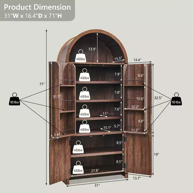 Garde-manger de cuisine haut de 71 à sommet arqué, armoire de rangement moderne avec 3 étagères réglables et 6 étagères de porte, pour la cuisine ou le salon