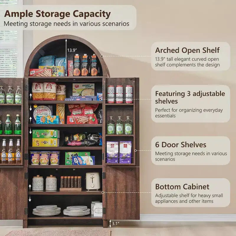 Garde-manger de cuisine haut de 71 à sommet arqué, armoire de rangement moderne avec 3 étagères réglables et 6 étagères de porte, pour la cuisine ou le salon