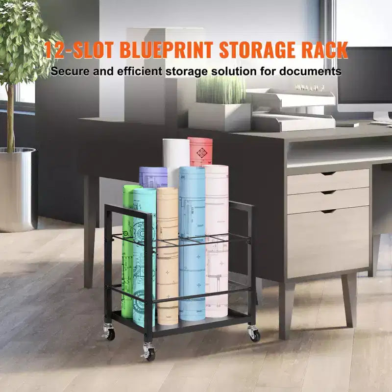 Aufbewahrungsregal für Baupläne, Halter für Baupläne mit 12 Fächern und Rollen, mobiler Aufbewahrungswagen aus Metall für Karten, Poster, Architektur- und Baupläne