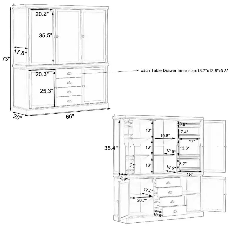 Garde-manger de cuisine autoportant en bois de 73'', avec tiroirs et étagères réglables pour le rangement et l’organisation dans la salle à manger ou la cuisine
