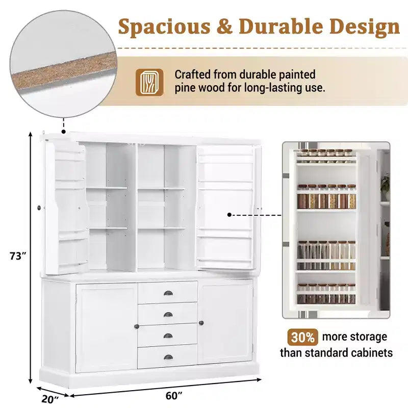 Garde-manger de cuisine autoportant en bois de 73'', avec tiroirs et étagères réglables pour le rangement et l’organisation dans la salle à manger ou la cuisine