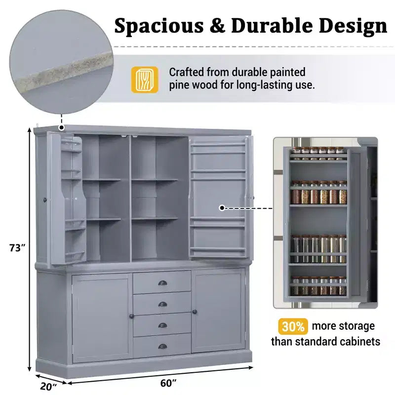 Garde-manger de cuisine autoportant en bois de 73'', avec tiroirs et étagères réglables pour le rangement et l’organisation dans la salle à manger ou la cuisine