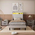 Upholstered Bed Frame with Storage Headboard, Charging Station &amp; LED Lights, Wood Slat Support, No Box Spring Required, Noise-Free.