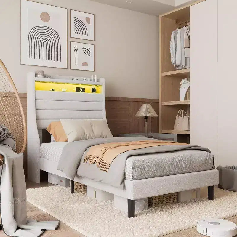 Polsterbettgestell mit Kopfteil und Stauraum, Ladestation und LED-Leuchten, Lattenrost aus Holz, kein Boxspring erforderlich, geräuschlos.