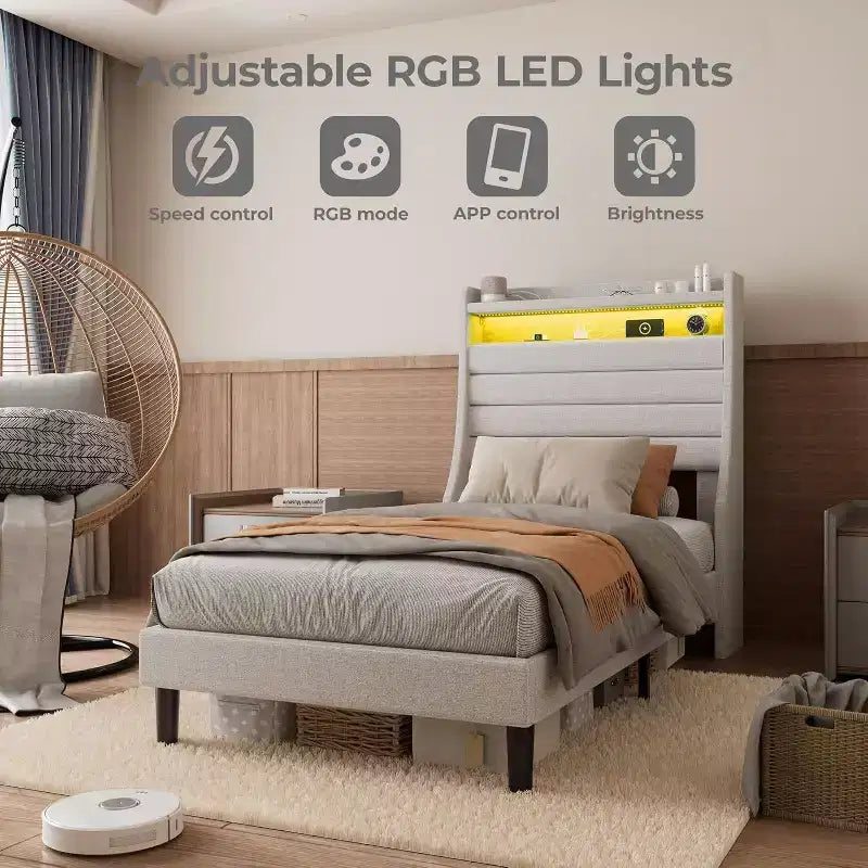 Polsterbettgestell mit Kopfteil und Stauraum, Ladestation und LED-Leuchten, Lattenrost aus Holz, kein Boxspring erforderlich, geräuschlos.
