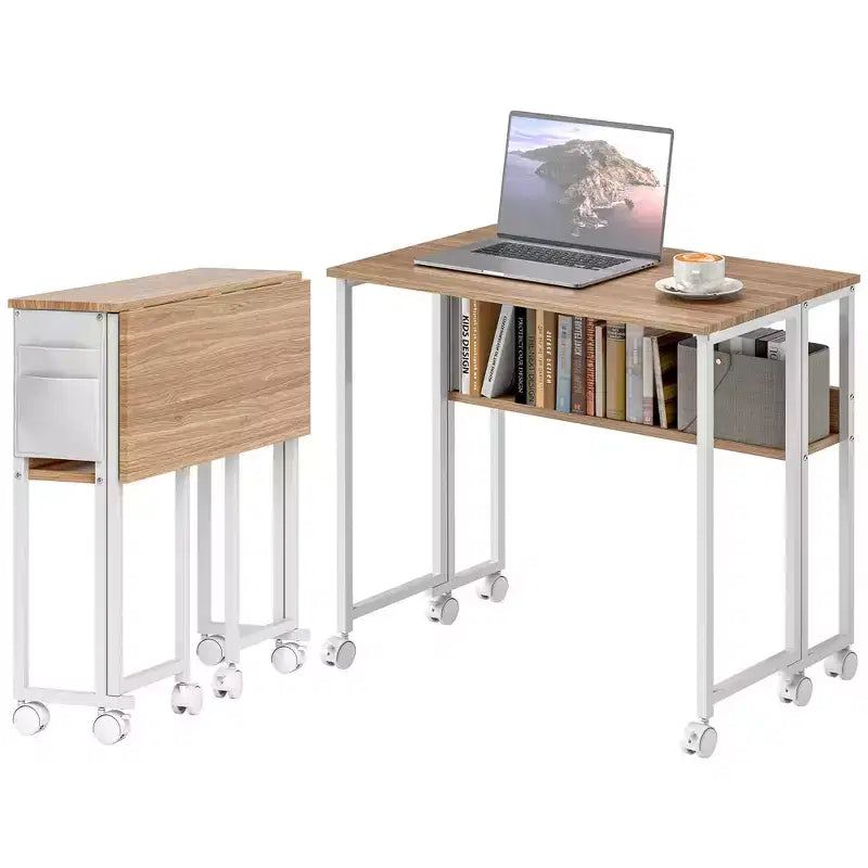 Petit bureau pliant, bureau d’ordinateur pliable de 31.5 avec sac de rangement, étagère et roulettes pour les petits espaces, le bureau à domicile, montage facile