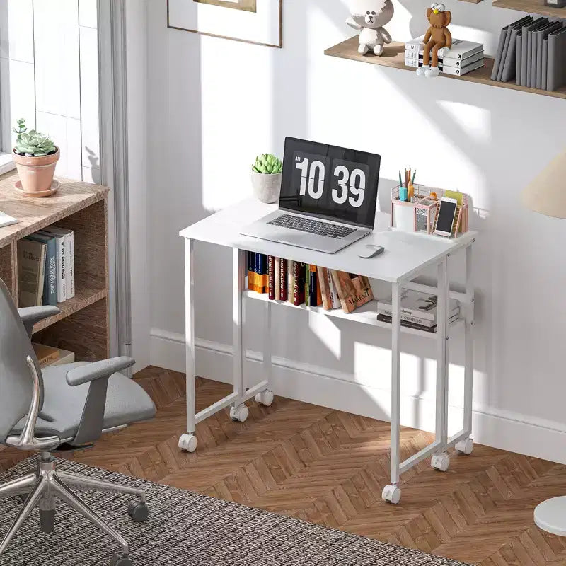 Petit bureau pliant, bureau d’ordinateur pliable de 31.5 avec sac de rangement, étagère et roulettes pour les petits espaces, le bureau à domicile, montage facile