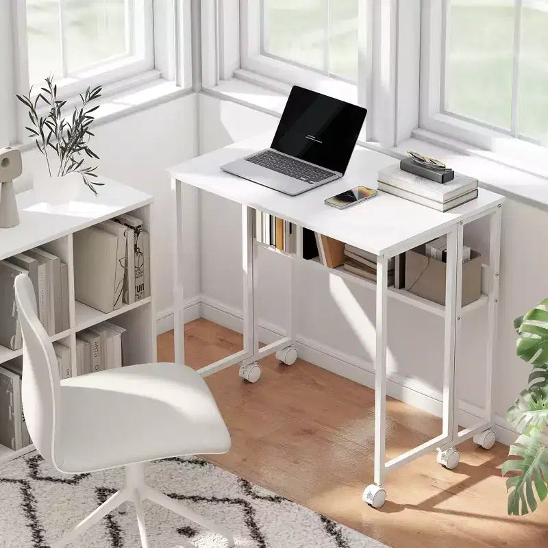 Petit bureau pliant, bureau d’ordinateur pliable de 31.5 avec sac de rangement, étagère et roulettes pour les petits espaces, le bureau à domicile, montage facile