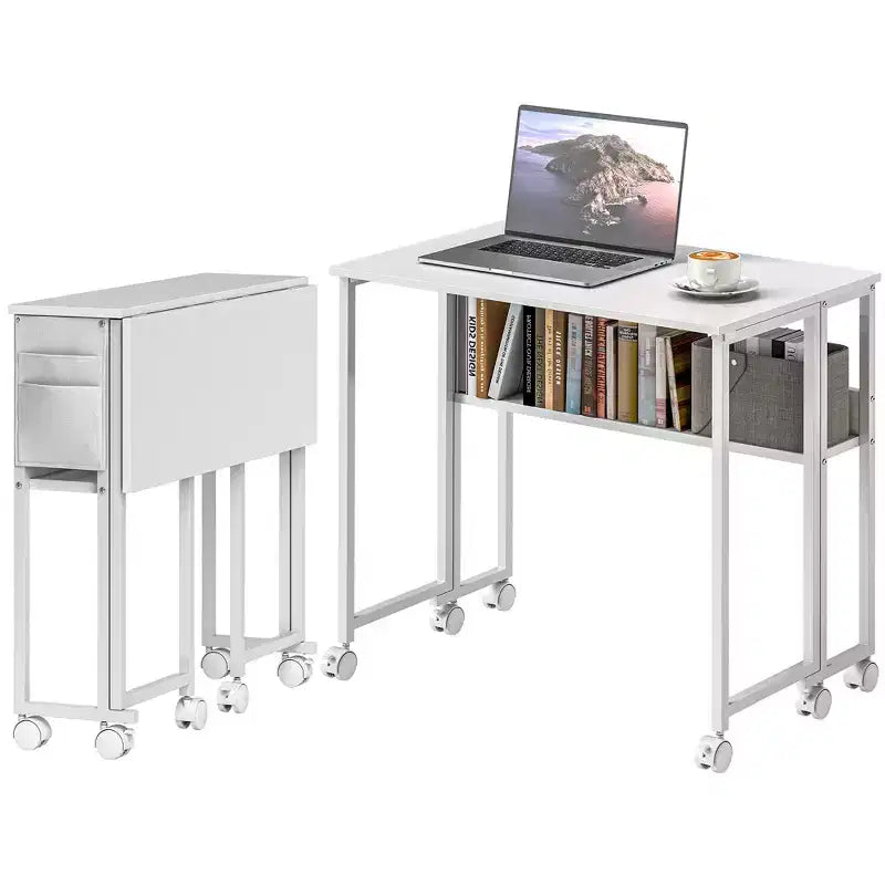 Petit bureau pliant, bureau d’ordinateur pliable de 31.5 avec sac de rangement, étagère et roulettes pour les petits espaces, le bureau à domicile, montage facile