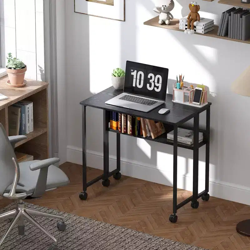 Kleiner Klappschreibtisch, 31.5 klappbarer Computertisch mit Aufbewahrungstasche, Regal und Rollen für kleine Räume, Homeoffice, einfache Montage