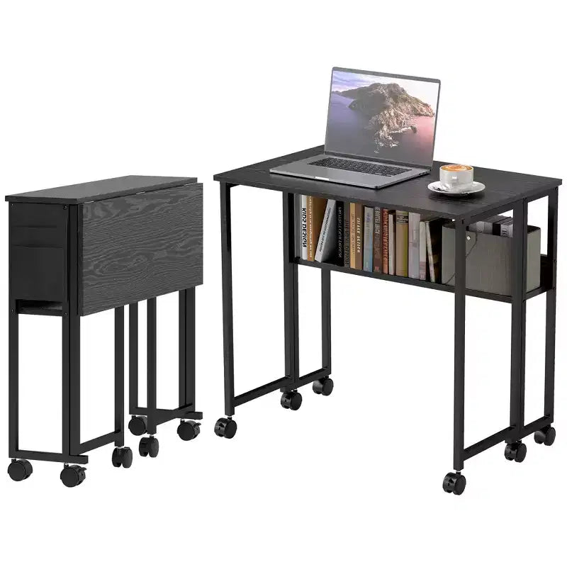 Kleiner Klappschreibtisch, 31.5 klappbarer Computertisch mit Aufbewahrungstasche, Regal und Rollen für kleine Räume, Homeoffice, einfache Montage