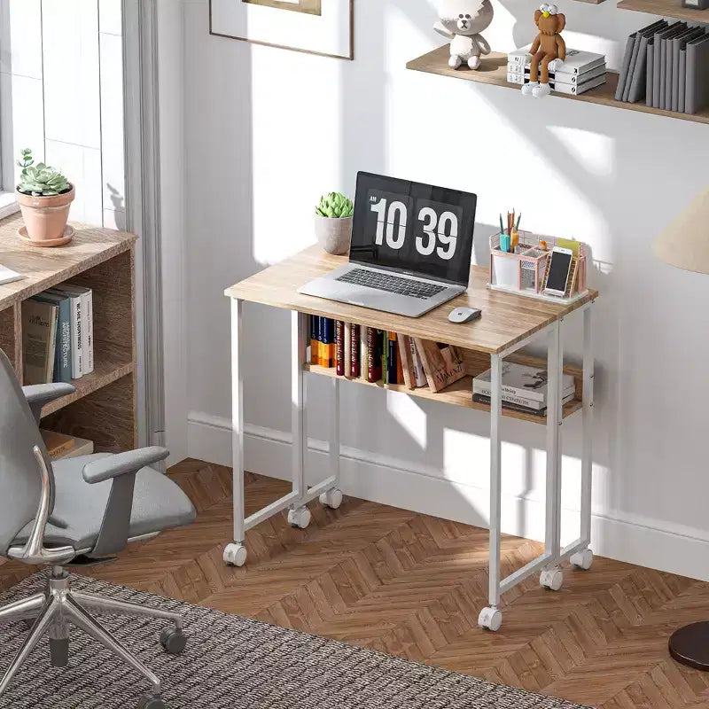 Petit bureau pliant, bureau d’ordinateur pliable de 31.5 avec sac de rangement, étagère et roulettes pour les petits espaces, le bureau à domicile, montage facile