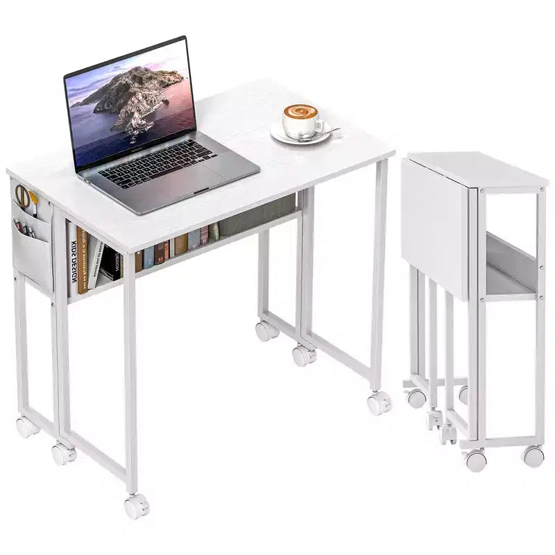 Kleiner Klappschreibtisch, 31.5 klappbarer Computertisch mit Aufbewahrungstasche, Regal und Rollen für kleine Räume, Homeoffice, einfache Montage