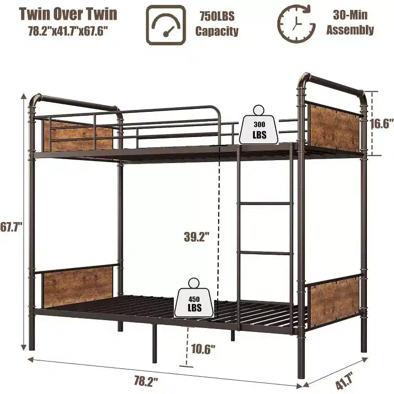 Robustes Etagenbett aus Metall, zwei Einzelbetten übereinander, für Kinder, umbaubares Design mit Schutzgittern und Leitern, geräuschlos, kein Lattenrost erforderlich.
