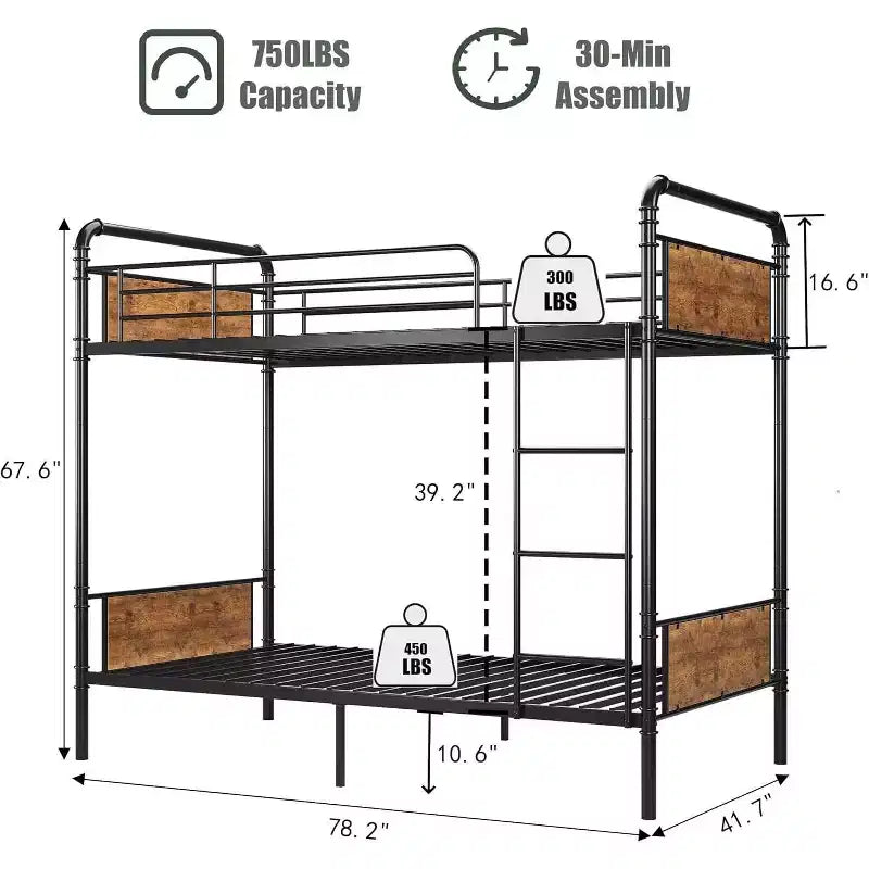 Robustes Etagenbett aus Metall, zwei Einzelbetten übereinander, für Kinder, umbaubares Design mit Schutzgittern und Leitern, geräuschlos, kein Lattenrost erforderlich.