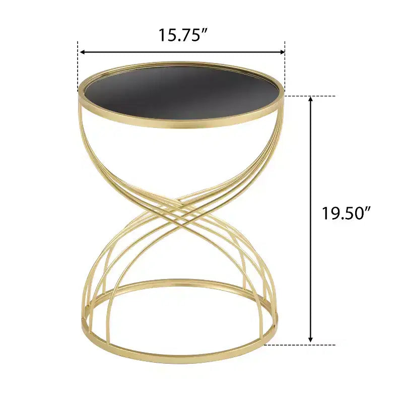 Table d’appoint élégante et moderne en forme de sablier, avec plateau en verre noir et piètement en métal doré