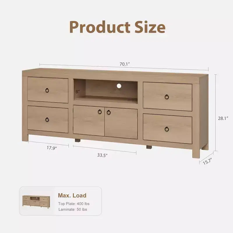 TV-Schrank im Landhausstil für 80-Zoll-Fernseher, langes Entertainment-Center mit 6 Schubladen