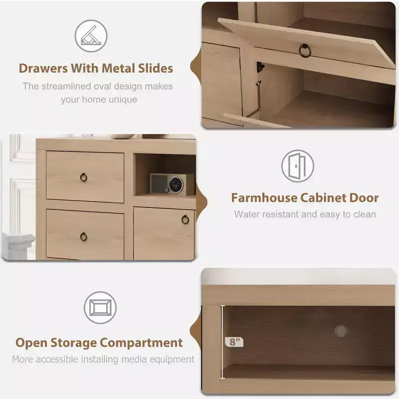 TV-Schrank im Landhausstil für 80-Zoll-Fernseher, langes Entertainment-Center mit 6 Schubladen