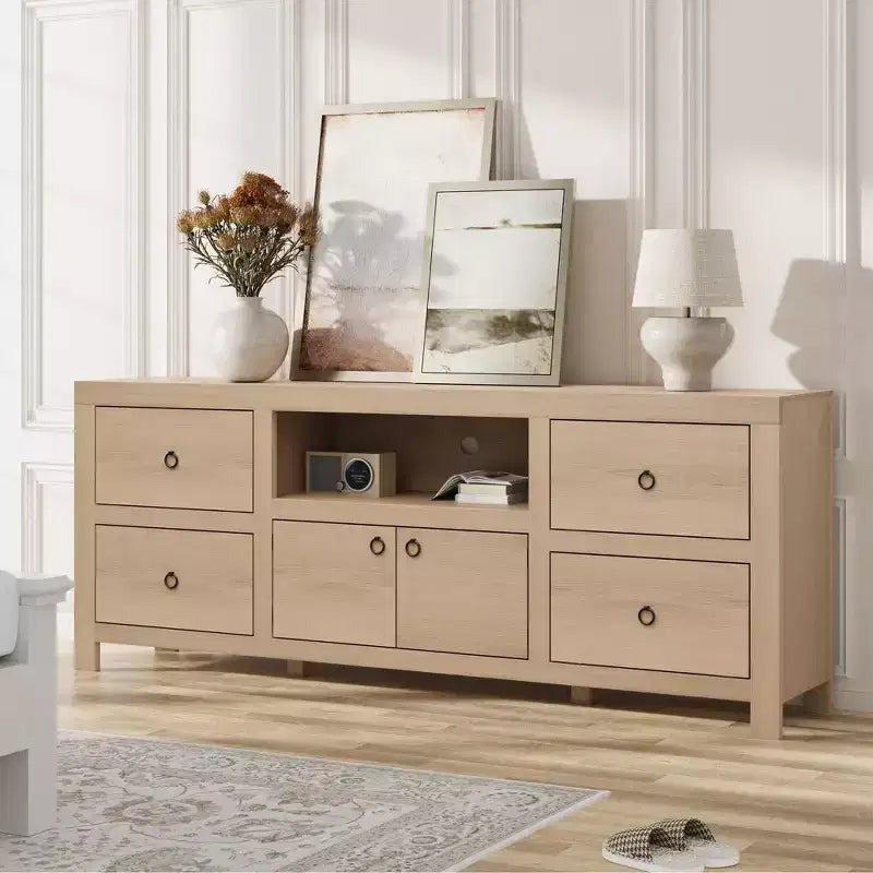 TV-Schrank im Landhausstil für 80-Zoll-Fernseher, langes Entertainment-Center mit 6 Schubladen